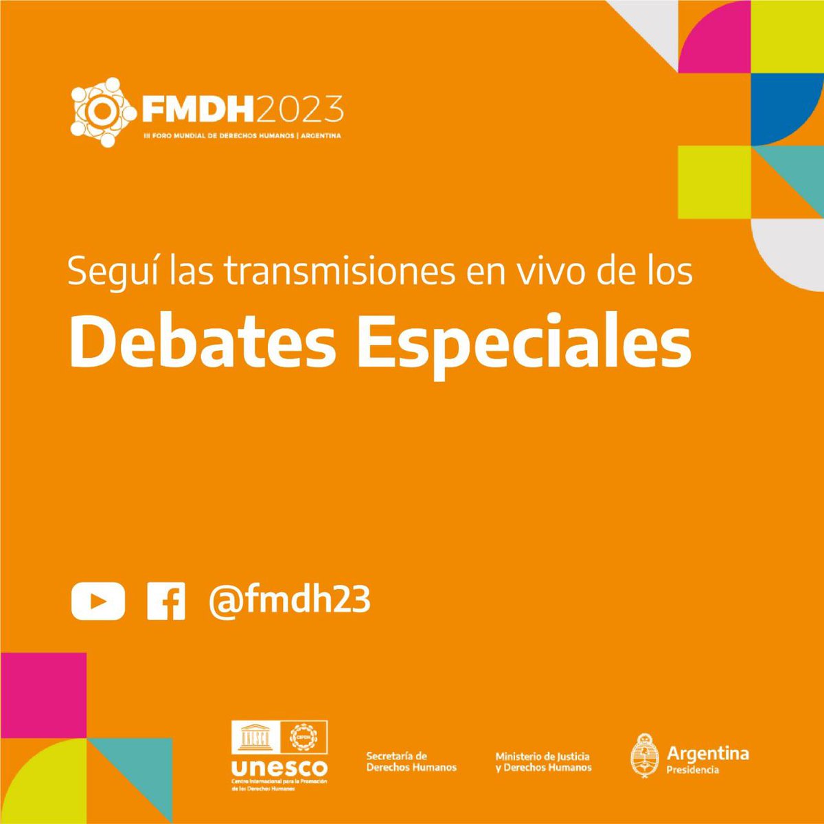 fmdh23's tweet photo. ✅ Agendate las transmisiones en vivo de hoy del FMDH23 que vas a poder seguir a través de nuestros canales de Youtube (@fmdh23) y Facebook (también @fmdh23)
#FMDH23 #DDHH #foroMundialDDHH https://t.co/nq0rDb7saa