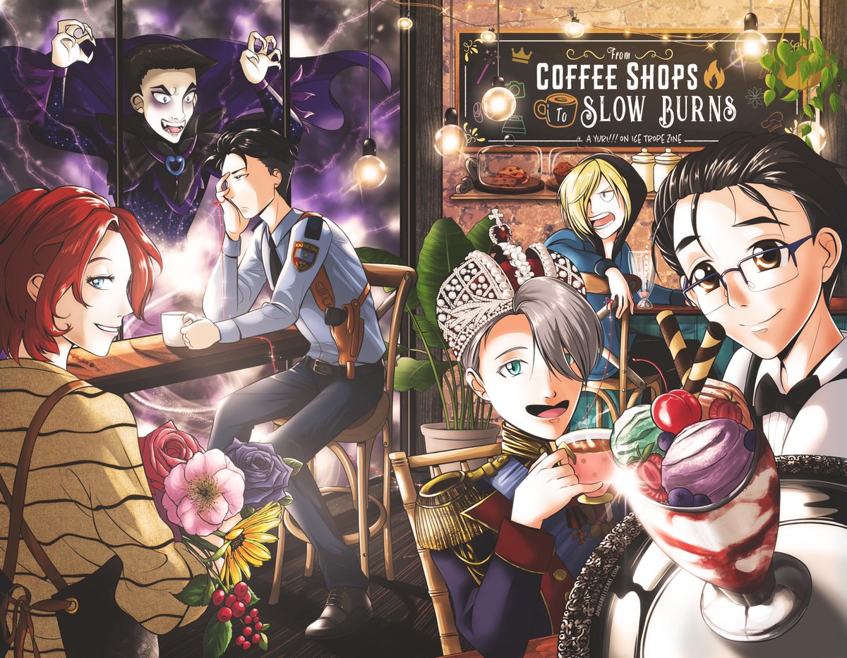 The full spread cover I drew for the <a href="/YOITropeZine/">☕From Coffee Shops to Slow Burns🔥</a>  featuring the following tropes: coffee shop AU, cute waiter, royalty, soulmates, hot cop, florist AU and vampires! Can you spot them all?🤓
Leftover sales on now: yoitropezine.ecwid.com
#YuriOnIce