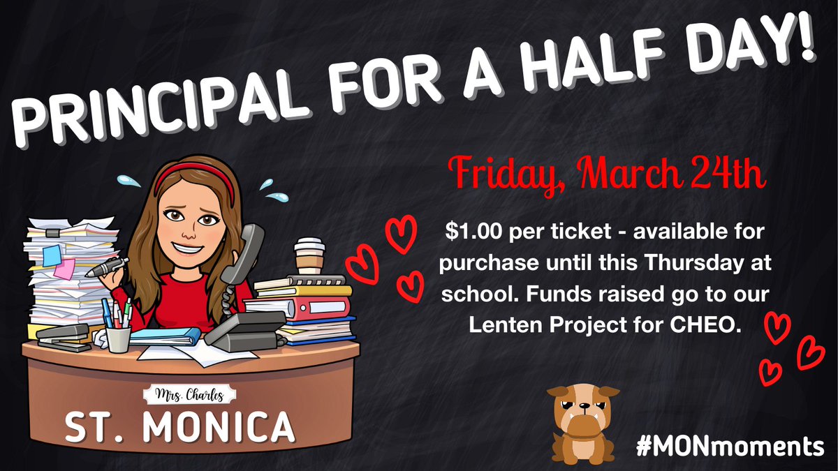 StMonicaOCSB's tweet photo. Hey Bulldogs! There's still time to win a chance to be this Friday's principal for a ½ day. The winning student will bring along a friend to ‘work’ in the office for the morning. The student principal will choose 1 privilege for the entire school &amp; get to order lunch! #MONmoments https://t.co/LRRPP4OPX0