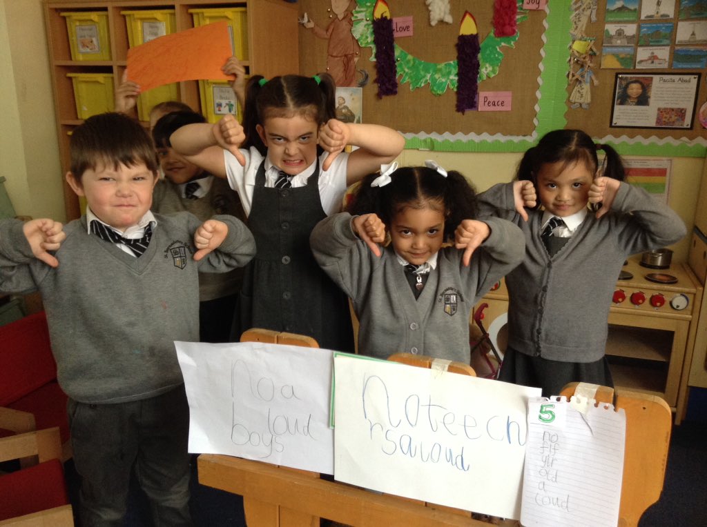 StBernsPrimary's tweet photo. Look at these signs! How rude!!!! Independent writing in RSJ #noteachers #no5yearolds #nogirlsallowed ❤️ https://t.co/arZkkL0jHp