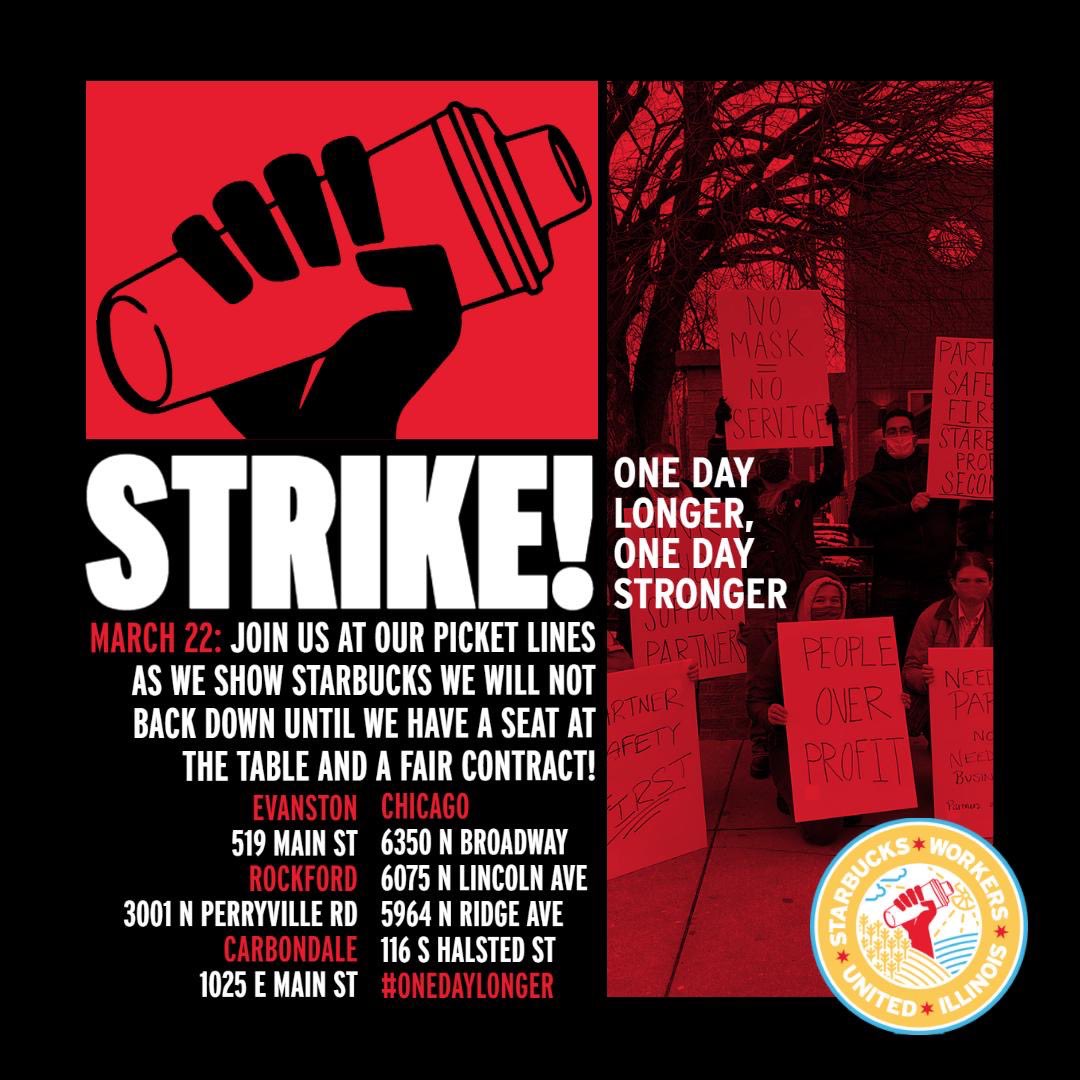 We’re ON STRIKE against Starbucks’ hundred of illegal, unfair labor practices! #NoContractNoCoffee 🪧