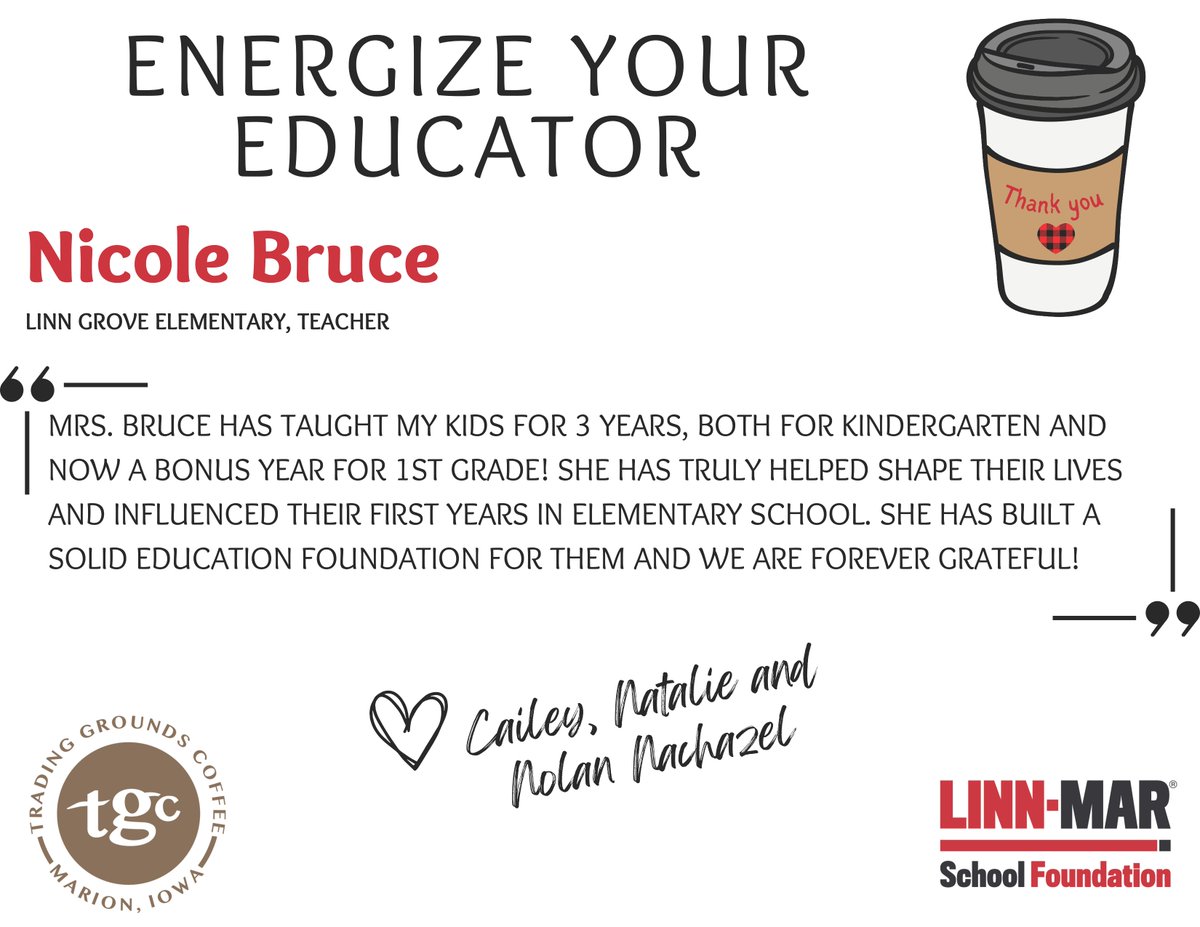 ENERGIZE YOUR EDUCATOR ☕ Congratulations, and thank you❤️🖤

Nicole Bruce - Linn Grove Elementary - Teacher

Sponsored by Trading Grounds