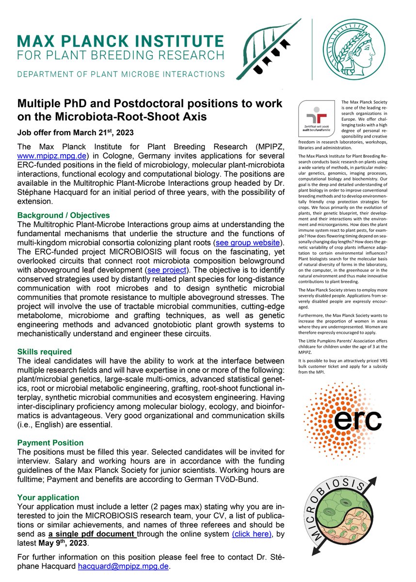 Hello world! Several #ERC-funded #PhD and #postdoc positions are available in my group @mpipz_cologne to study the microbiota-root-shoot axis in plant health and disease. Join the MICROBIOSIS team here: jobs.mpipz.mpg.de/jobposting/fab… Deadline: May 9th. #PlantSciJobs. Please RT/share 🙏