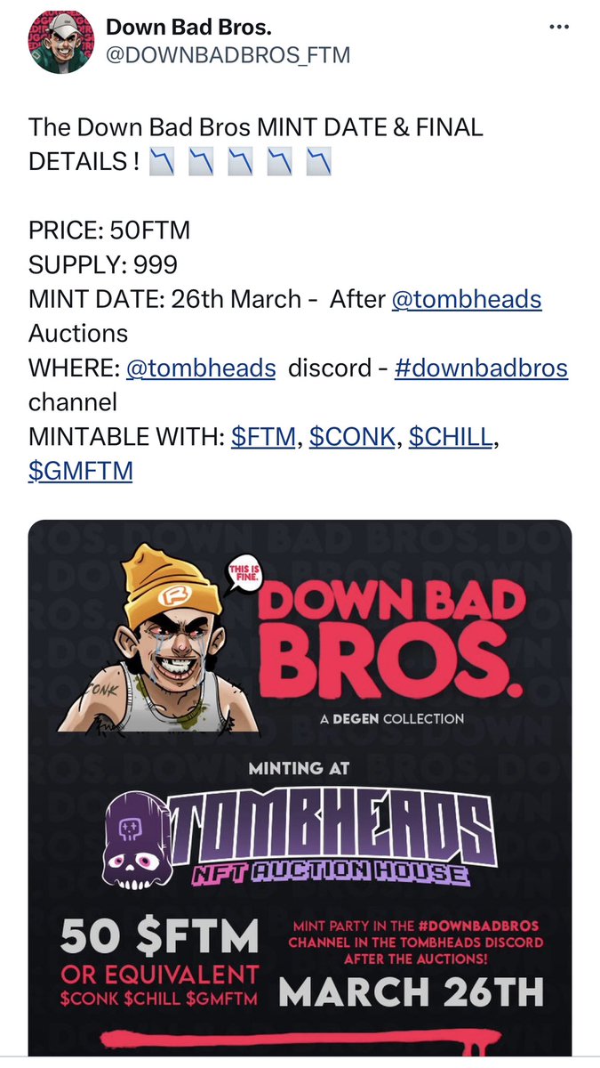 The0xSarge's tweet photo. Two $FTM #NFT mints coming up that SHOULD inject some life into the 💤
scene. 

@DOWNBADBROS_FTM 
@GMFTMLFG 

#FTM #Fantom #NFTs📈📈📈 https://t.co/KrNPbsjffk