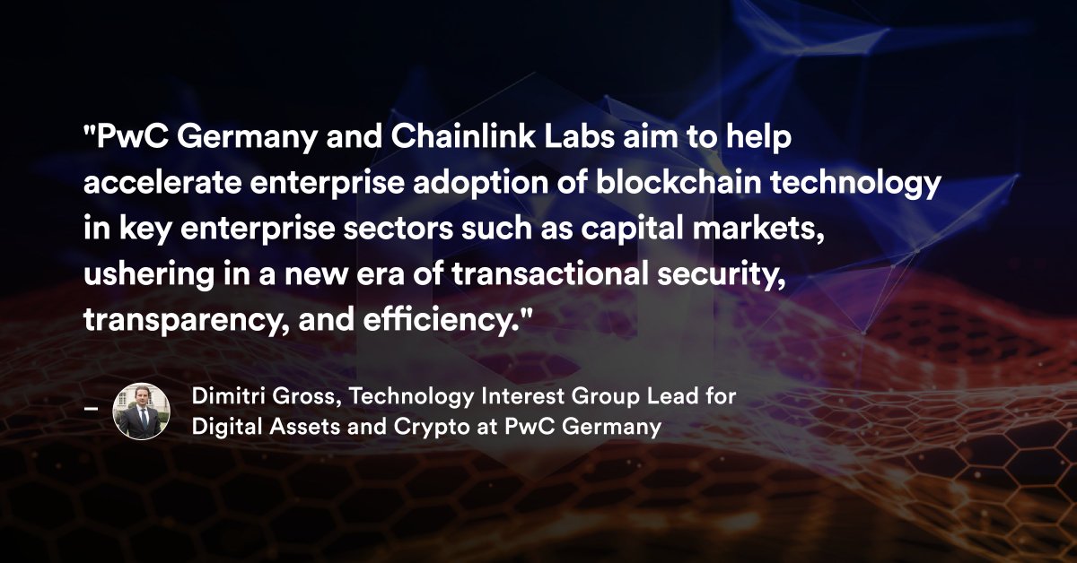Chainlink (@chainlink) on Twitter photo PwC Germany (<a href="/pwc_de/">PwC Deutschland</a>) has entered into a strategic collaboration with @ChainlinkLabs to accelerate enterprise #blockchain adoption.
This collaboration supports enterprises in seamlessly interfacing with blockchains via #Chainlink’s secure middleware: prnewswire.com/news-releases/… PwC Germany (<a href="/pwc_de/">PwC Deutschland</a>) has entered into a strategic collaboration with @ChainlinkLabs to accelerate enterprise #blockchain adoption.
This collaboration supports enterprises in seamlessly interfacing with blockchains via #Chainlink’s secure middleware: prnewswire.com/news-releases/…