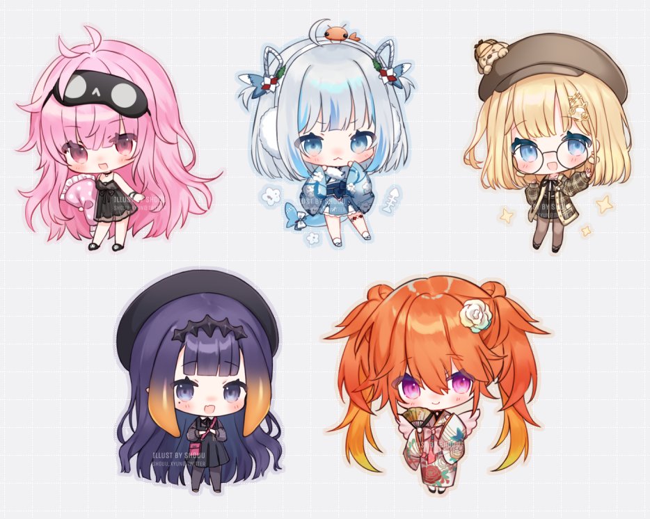 gawr gura ,ninomae ina'nis ,takanashi kiara ,watson amelia multiple girls 5girls chibi holomyth pink hair fish tail shark tail  illustration images