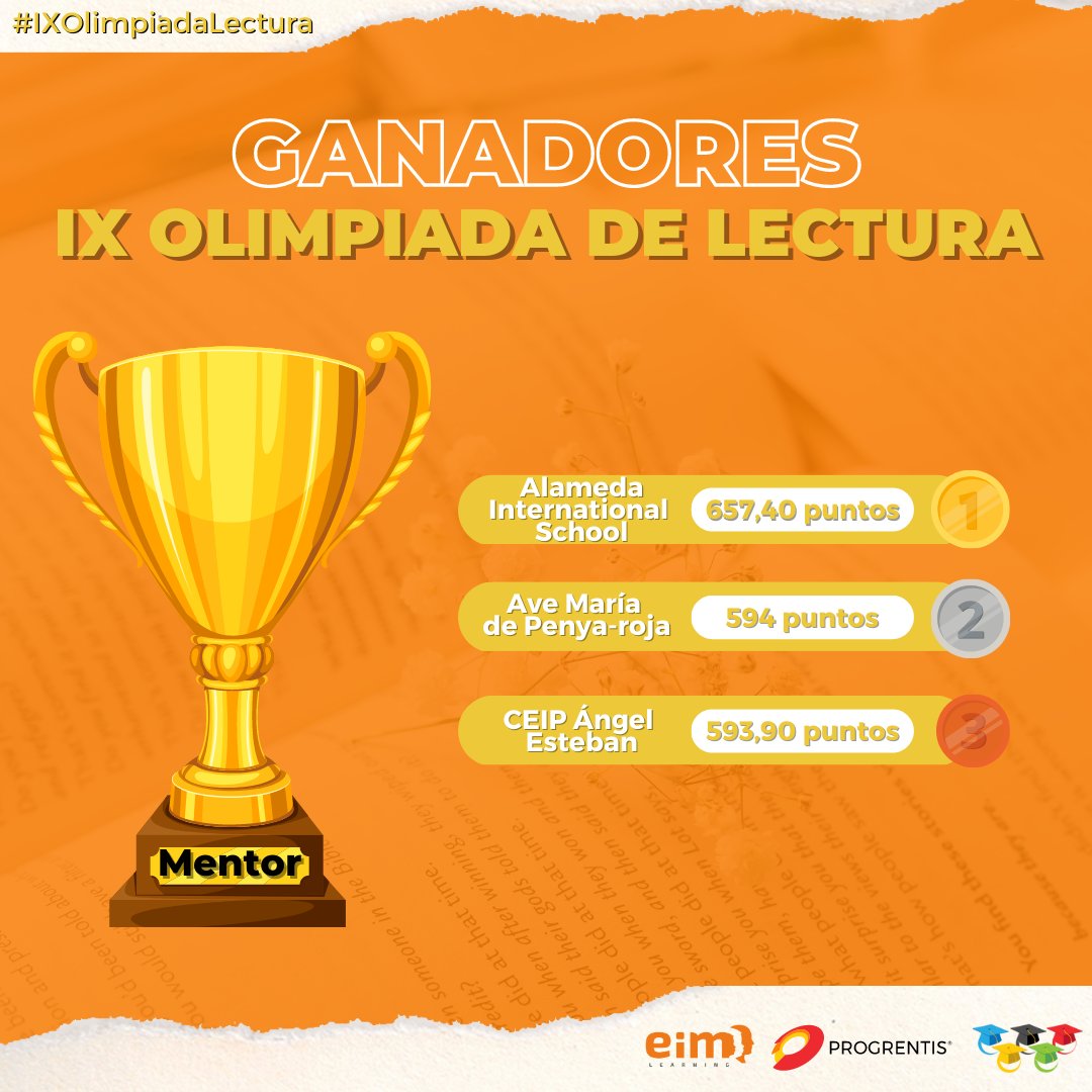 EIMlearning's tweet photo. #IXOlimpiadaLectura 📚 | 𝙂𝘼𝙉𝘼𝘿𝙊𝙍𝙀𝙎 𝘿𝙀 𝙇𝘼 𝙄𝙓 𝙊𝙇𝙄𝙈𝙋𝙄𝘼𝘿𝘼 𝘿𝙀 𝙇𝙀𝘾𝙏𝙐𝙍𝘼. Estos son los 3 ganadores por cada categoría 🏆.  Gracias a los +200 colegios y +23.000 alumnos por participar. Ahora, ¡a disfrutar de nuestros premios!
#eimlearning #progrentis https://t.co/kysTYfoagD