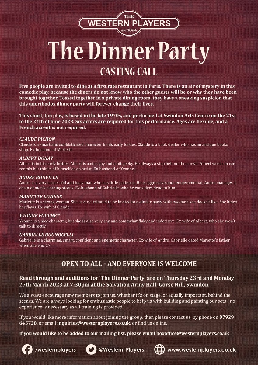We’re almost ready to go again!

The read through for our next show ‘The Dinner Party’ is tomorrow night with auditions following on Monday!!

Both nights will be at the Salvation Army Hall in Gorse Hill, from 19:30 and are open to all. 

Here’s all the details you’ll need: