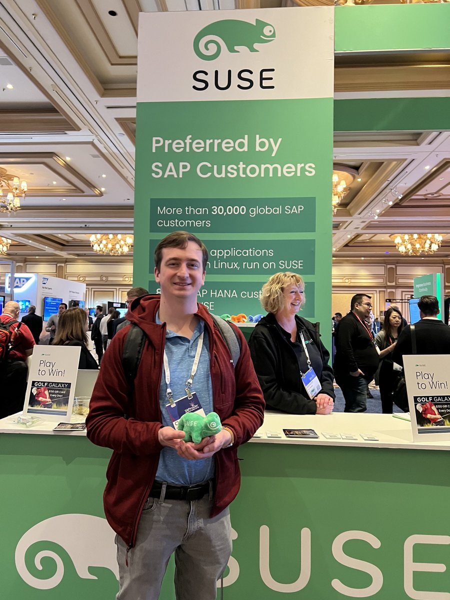 Are you at #SAPinsider2023 in Las Vegas? Visit the #SUSE booth [#1015] to meet our team, learn more about our solutions and grab a chameleon. 
🏌Feeling like playing some golf? Stop by our stimulator for a game and a chance to win a prize. See you there!
