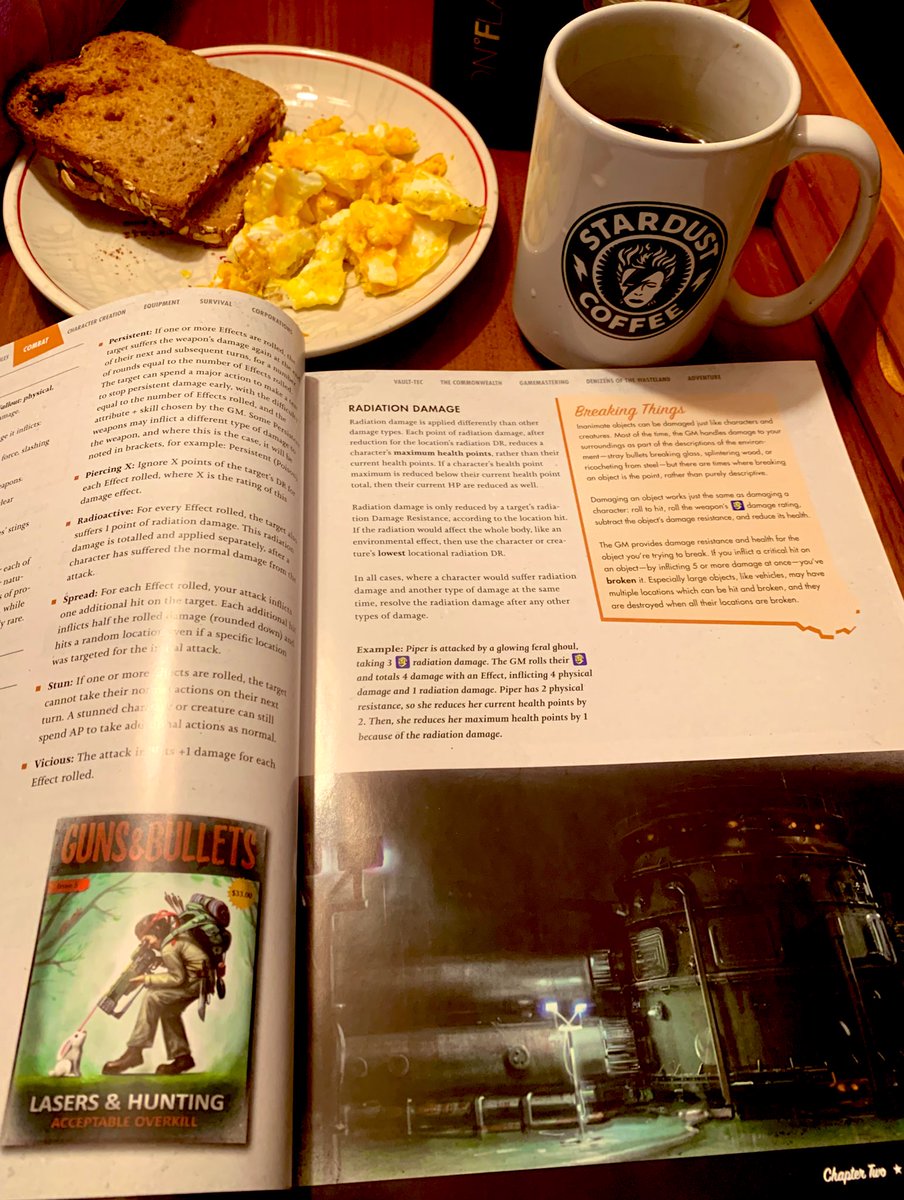 Darker_Hue's tweet photo. Spending breakfast reading up on #Fallout2d20 rules. I made some GM table calls last session and have a better idea of my rough spots. When I run, I like having 90% of the rules memorized to focus on the players and their story. #GMPrep #TTRPG https://t.co/VjIv9SlthE