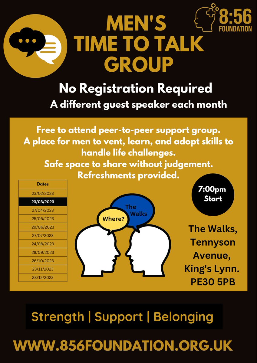 856Foundation's tweet photo. 🗣️Men's Time To Talk Group🗣️

This Thurs 23rd March

Join us for a non judgemental chat, open up about Life's challenges, get the strength, support and belonging that being part of a group can bring

All Men 18+ welcome &amp; refreshments will be provided

#ItsTimeToTalk https://t.co/qZgJmXSImB