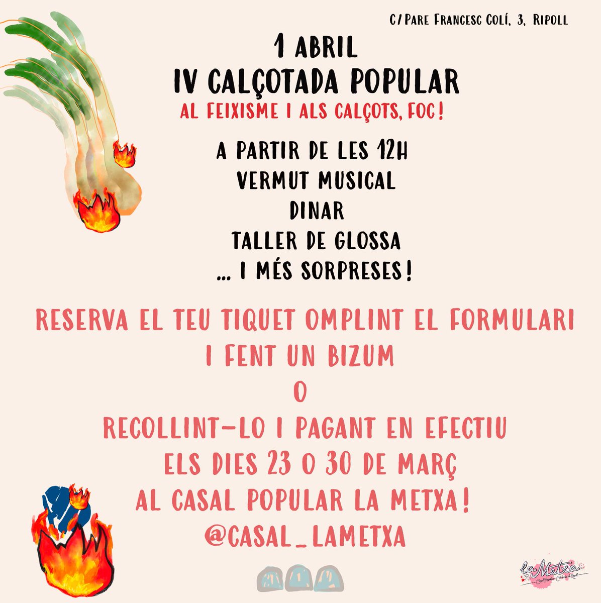 lametxaripoll's tweet photo. 🌱 CALÇOTADA DE LA METXA🌱

🏷️Reserva el teu tiquet omplint el formulari i fent un Bizum 
o bé recollint-lo i pagant en efectiu a La Metxa els dies 23 o 30 de març!

NO TE'N QUEDIS SENSE!
https://t.co/Y7Mw9JVnR5 https://t.co/GRFXepXVNb