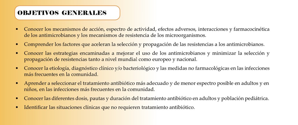 📢"Curso de uso adecuado de antimicrobianos en la comunidad".
💰Matrícula: gratuita
🗓️Duración: 17 semanas (17/04/23 al 30/09/23)

Para inscribirte o acceder al programa del curso:
sefap.org/2023/03/21/cur…

¿Cuáles son los objetivos de este curso?👇