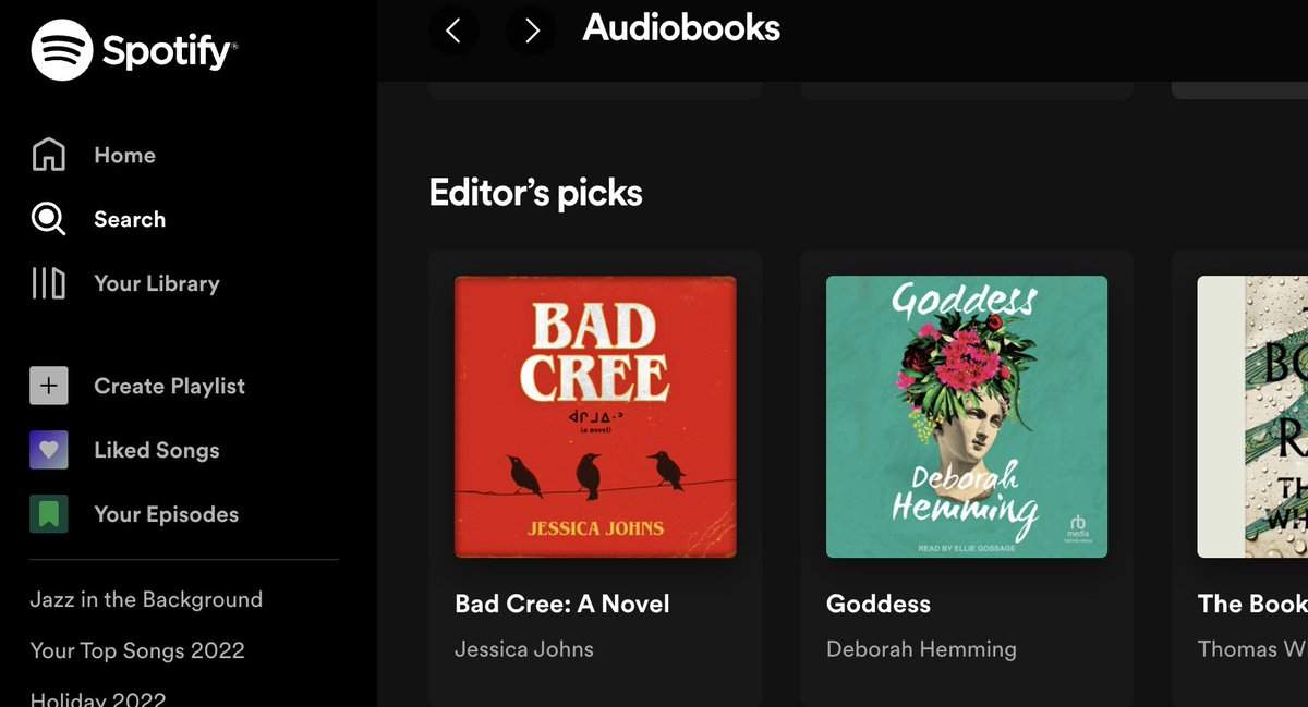 Goddess, the audiobook, is an Editor's Pick on <a href="/SpotifyCanada/">Spotify Canada</a>! If you're a Spotify user, you can find the book here: open.spotify.com/show/7b5Sq2i5x…

Also, who has read Bad Cree by @jessicastellaaa? It sounds incredible.

cc: <a href="/CookeMcDermid/">CookeMcDermid</a>