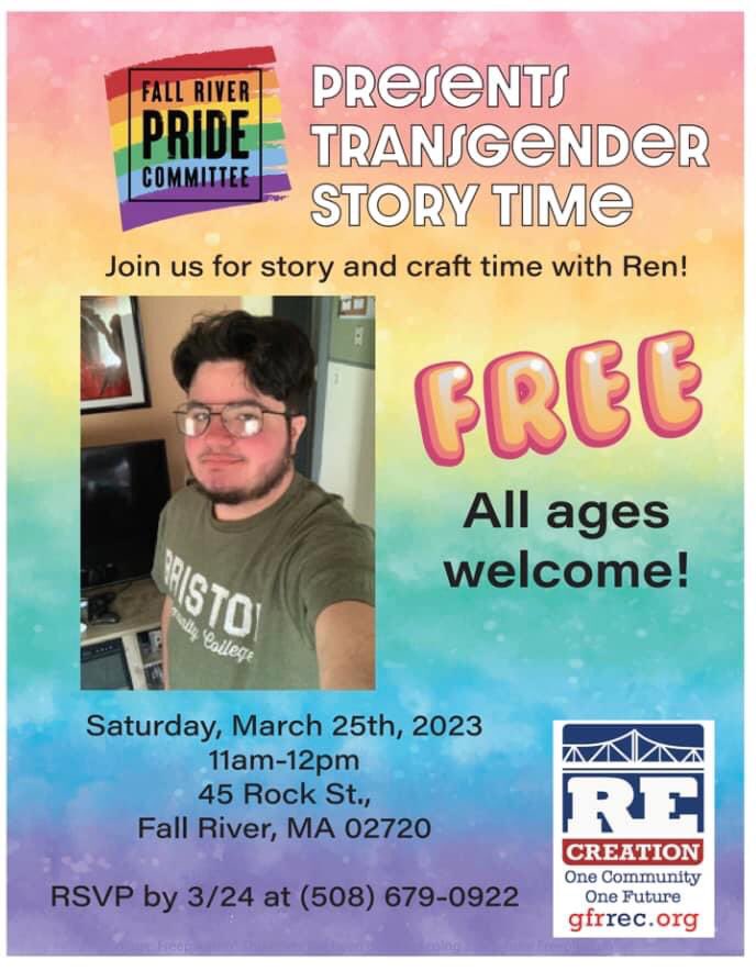 frprideco's tweet photo. This Saturday— 

Please RSVP: 508-679-0922 🏳️‍🌈 

#LGBTQ #TransDayOfVisibility #StoryTime https://t.co/5kcrNVoIiF