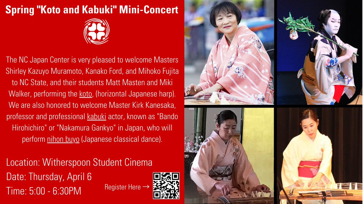 NC State Provost (@ncstateprovost) on Twitter photo .<a href="/NCState/">NC State University</a>'s NC Japan Center will host a spring "Koto and Kabuki" concert on Thursday, April 6 from 5-6:30 p.m. in Witherspoon Student Cinema. Learn more about the horizontal Japanese harp and Japanese classical dance at this can't-miss event! .<a href="/NCState/">NC State University</a>'s NC Japan Center will host a spring "Koto and Kabuki" concert on Thursday, April 6 from 5-6:30 p.m. in Witherspoon Student Cinema. Learn more about the horizontal Japanese harp and Japanese classical dance at this can't-miss event!