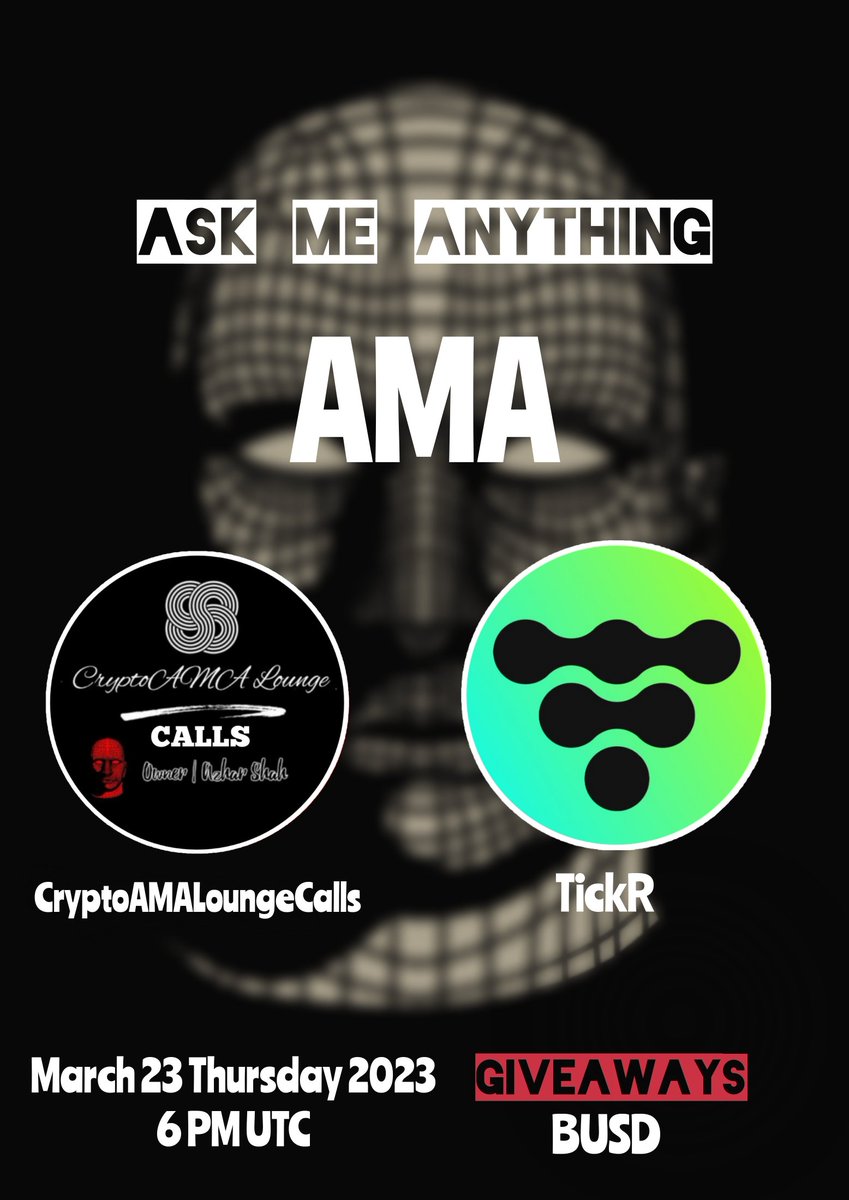 ama_lounge's tweet photo. AMA ANNOUNCEMENT with TICKR 🎙

➡️ Link to join the AMA:
https://t.co/VFVBpnlXmd

➡️ Join TICKR TG :
https://t.co/lVIyjBVPBs

To enter in BUSD giveaway:
✅ Join AMA
✅ Follow: @ama_lounge and @TickrTech on twitter 
✅ Like, comment and Rt this post 

#AMA #BSC #Crypto #TFL https://t.co/8qZFMis7Af