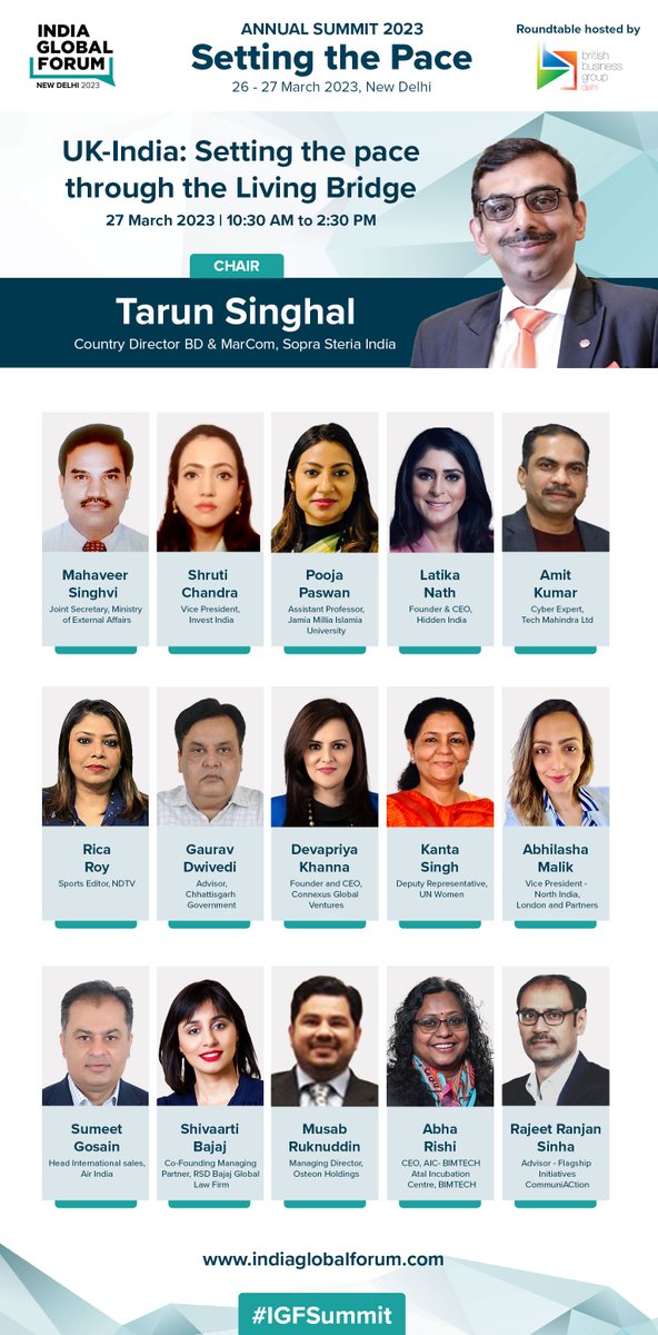 bbgdelhi's tweet image. Join #BBGDelhi 's strategic Roundtable hosted &amp;amp; moderated by Tarun Singhal, on UK-India: Setting the pace through the Living Bridge; with the Indo-UK #LivingBridge industry leaders.

Register Interest: lnkd.in/d8njq2st

#LivingBridge #IGFSummit #IamChevening #ABSDelhi