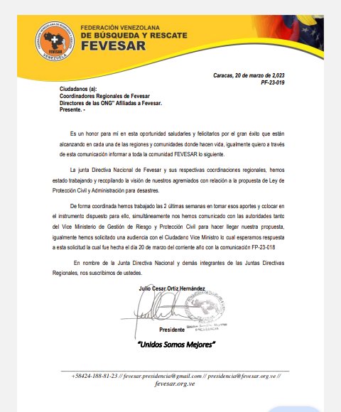 Solicitud de reunión,al vice ministro de gestión de riego.<a href="/PCivil_Ve/">Protección Civil</a> <a href="/CentralReedan/">REDAN Central de Bomberos y Bomberas</a> <a href="/7cesarortiz/">Julio Cesar Ortiz H.</a> <a href="/fevesar_ong/">FEVESAR</a> <a href="/CeballosIchaso1/">@FuerzaDinamica Remigio Ceballos Ichaso</a> <a href="/NicolasMaduro/">Nicolás Maduro</a> <a href="/AsambleaVE/">Asamblea Nacional</a> <a href="/delcyrodriguezv/">Delcy Rodríguez</a> <a href="/DGNBEnLinea/">DGNB</a> <a href="/VTVNoticias/">VTV Noticias</a> <a href="/ViceVenezuela/">Vicepresidencia Vzla</a> #soyfevesar