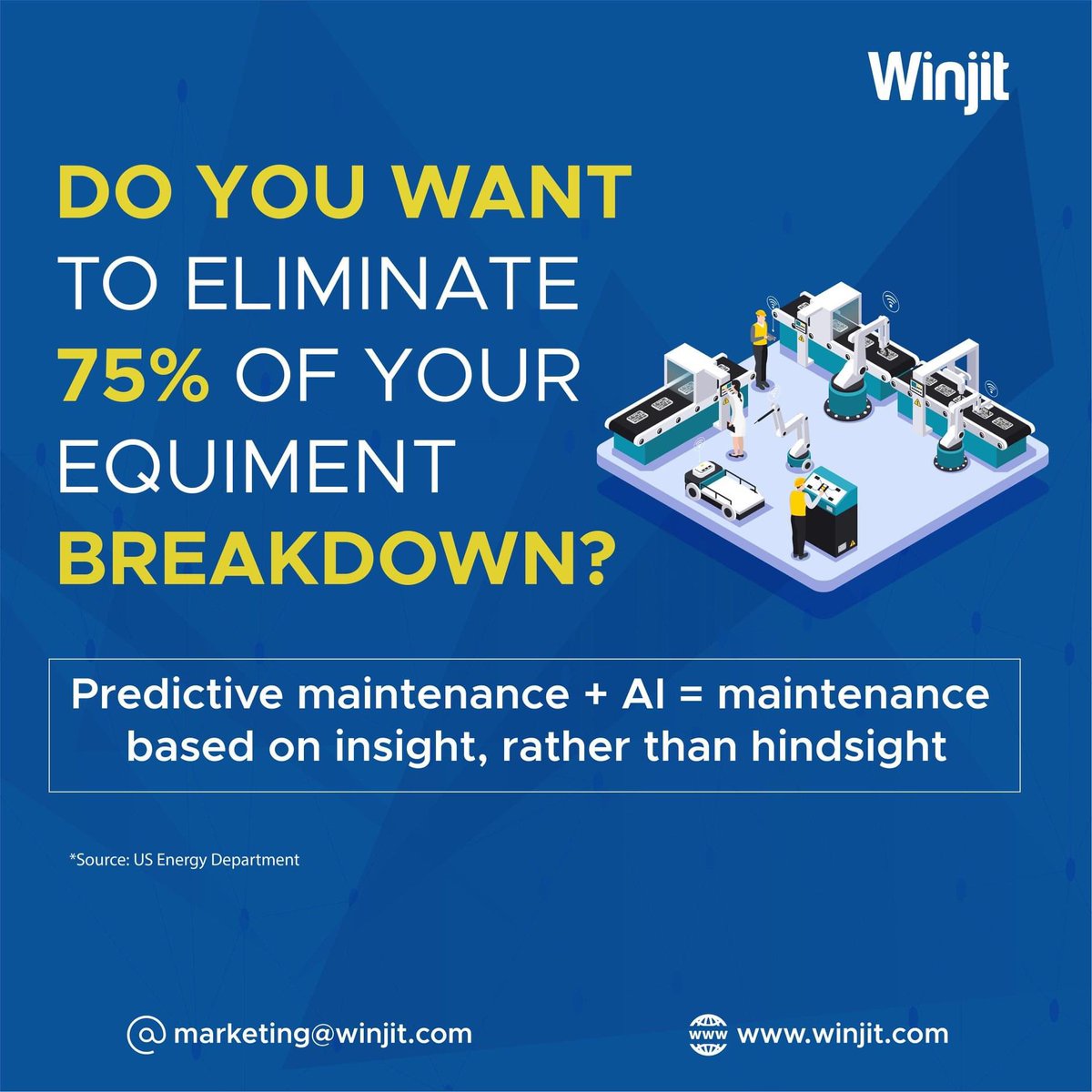 Eliminate 75% of equipment breakdown with artificial intelligence predictive maintenance.    Ask us how: winjit.com/contact/

 #artificialintelligence #maintenance #manufacturingindustry #manufacturingtechnology