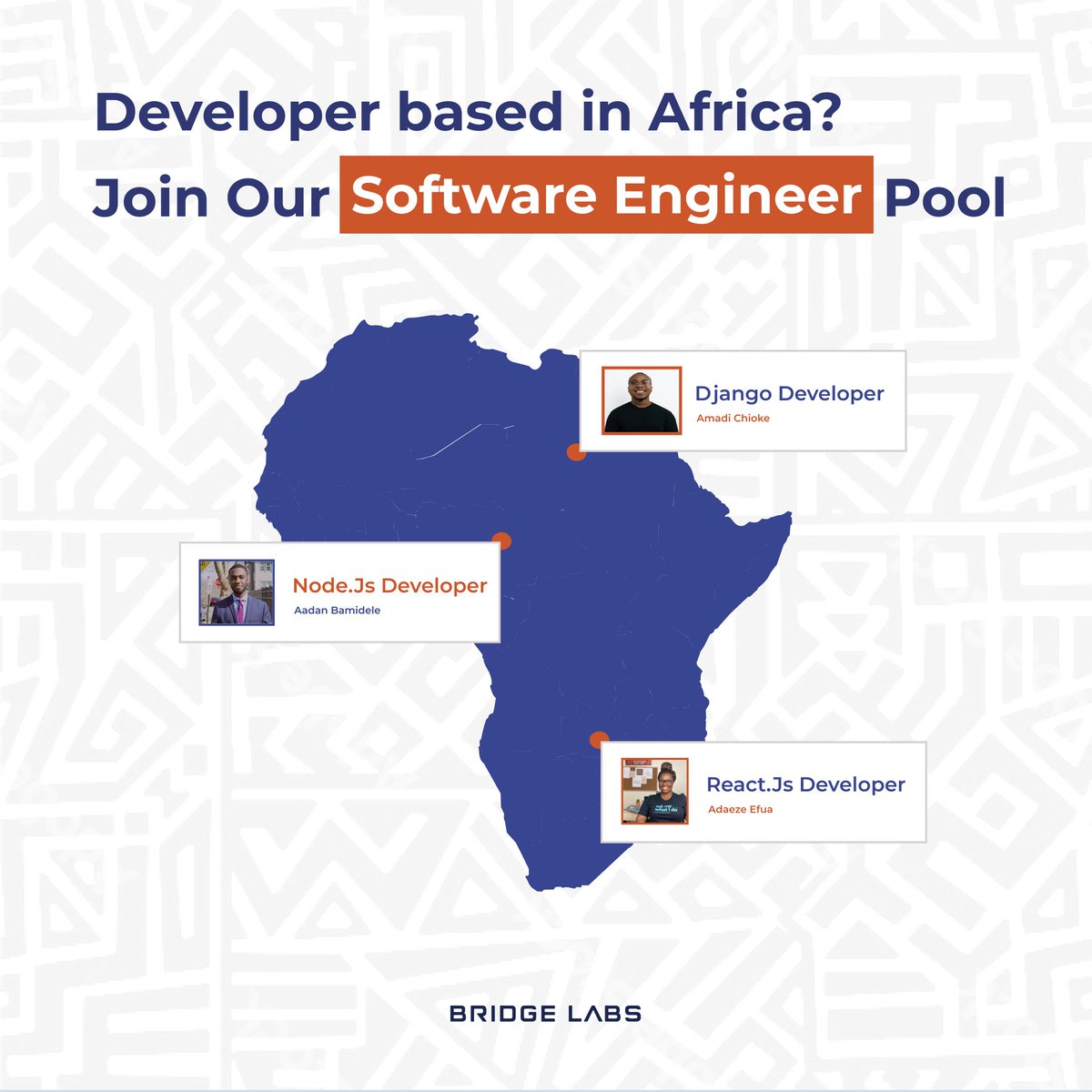 BridgeLabstech's tweet photo. Are you a Software Engineer Based in Africa?
Join Bridge Lab's pool of African Engineers and find international remote job opportunities.

Apply on our website: https://t.co/bMWJyUVr1F 

#softwareengineer #africa #africandeveloper #software #SoftwareEngineering #remotejobs #tech https://t.co/P1zYgLW00d