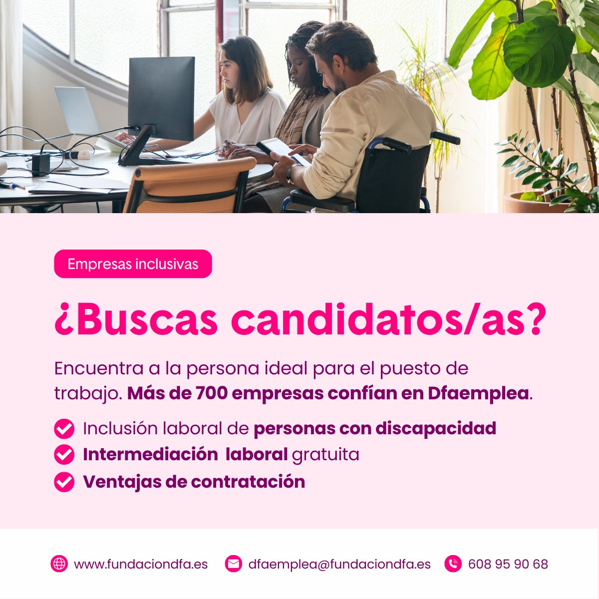FundacionDfa's tweet photo. 📢#Empresas‼️
📌¡Podemos ayudarte!
+ 700 empresas ya han contado con #Dfaemplea, #AgenciadeColocación Fundación Dfa
👉Proceso de selección
👉Info: ventajas y bonificaciones #discapacidad
👉Análisis #puestosdetrabajo y adaptaciones

😊
📧dfaemplea@fundaciondfa.es

☎976 59 59 59 https://t.co/L8q657CTEy