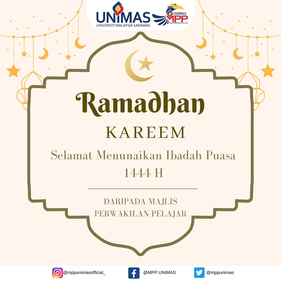 mppunimas's tweet photo. [ RAMADHAN KAREEM ]

Kami dari Majlis Perwakilan Pelajar ingin menzahirkan ucapan Selamat Menyambut Bulan Ramadhan Al-Mubarak kepada seluruh umat Islam. 

Semoga Ramadan kita untuk tahun ini menjadikan diri kita insan yang lebih baik dan sentiasa mengharapkan keredhaan Allah SWT. https://t.co/NEy1aLuD6P