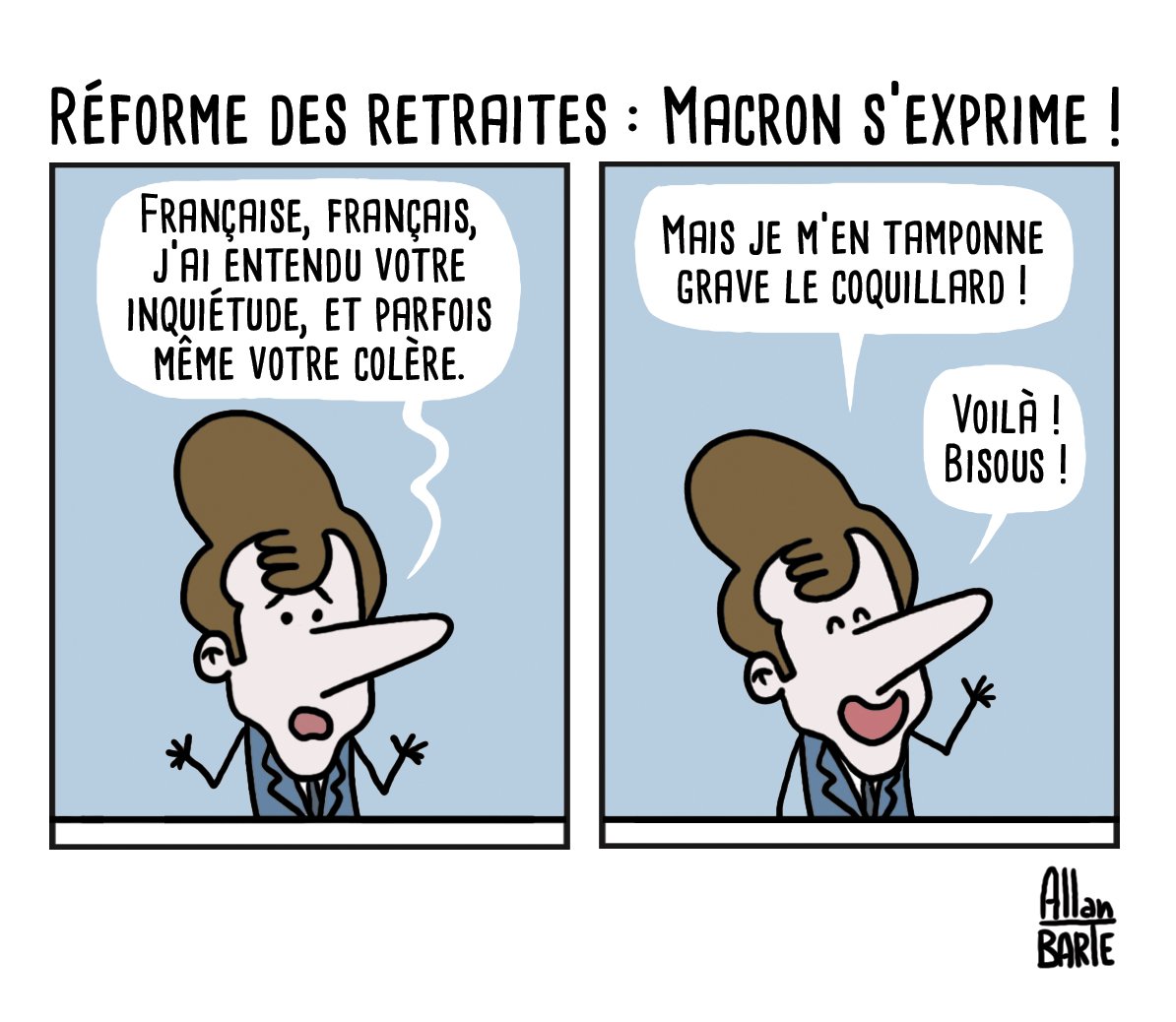 AllanBARTE's tweet photo. JT de 13h : Macron s'exprime enfin. Bah c'était pas la peine !

Pour financer la lutte dessinée :
⏭ https://t.co/0masgFkbV8

#Macron13h #reformedesretraites #manif23mars #GreveGenerale #greve #blocage #Greve23mars #Macron #Borne  #Manifestations #Brav #BravM #ViolencesPolicières https://t.co/HitXWlU89r