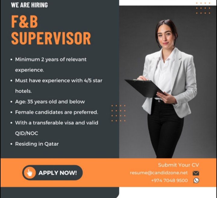 AliShah302cop's tweet photo. HIRING F &amp; B SUPERVISOR:

We are hiring F&amp;B Supervisor with minimum of 2years of Experience

Contact us: 
( +0974 7048 9500 ).

Salary: After The Discussion.
Gender: Female.
NOC/ QID.
Residing in: Doha, Qatar.
Maximum age: 35. https://t.co/DDkmWxO2oz