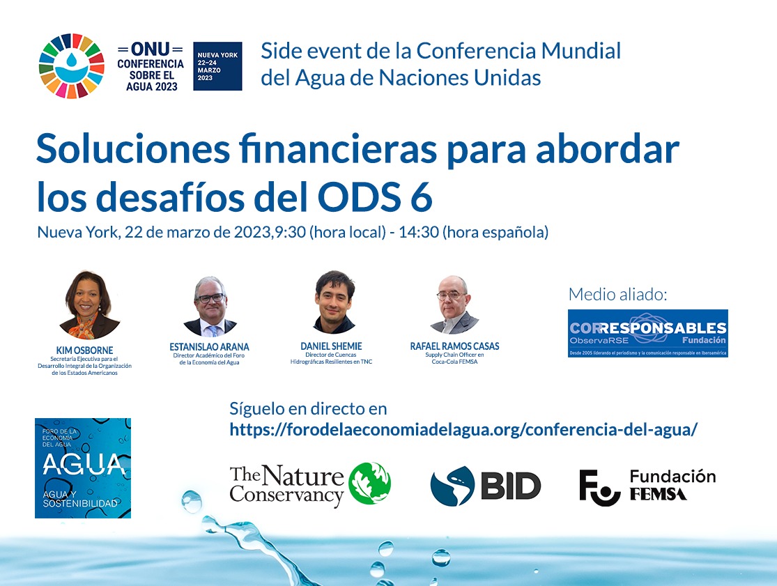 A partir de las 14:30h puedes seguir #EnDirecto el side event oficial de la Conferencia Mundial del Agua de @ONU_es 'Soluciones financieras para abordar los desafíos del ODS 6' en el que participa Estanislao Arana, director académico del @economiadelagua youtu.be/WaLq40roa54