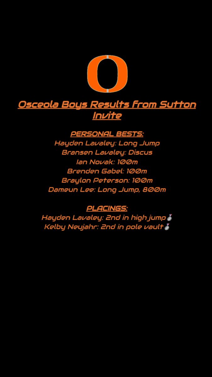 OsceolaTrack's tweet photo. Here are complete placings and personal bests from the Sutton Invite! No team scores were kept but we had another strong showing in lots of events. Our next meet will be the Osceola Invite next Friday! #otaf https://t.co/eBt4SyXmTn
