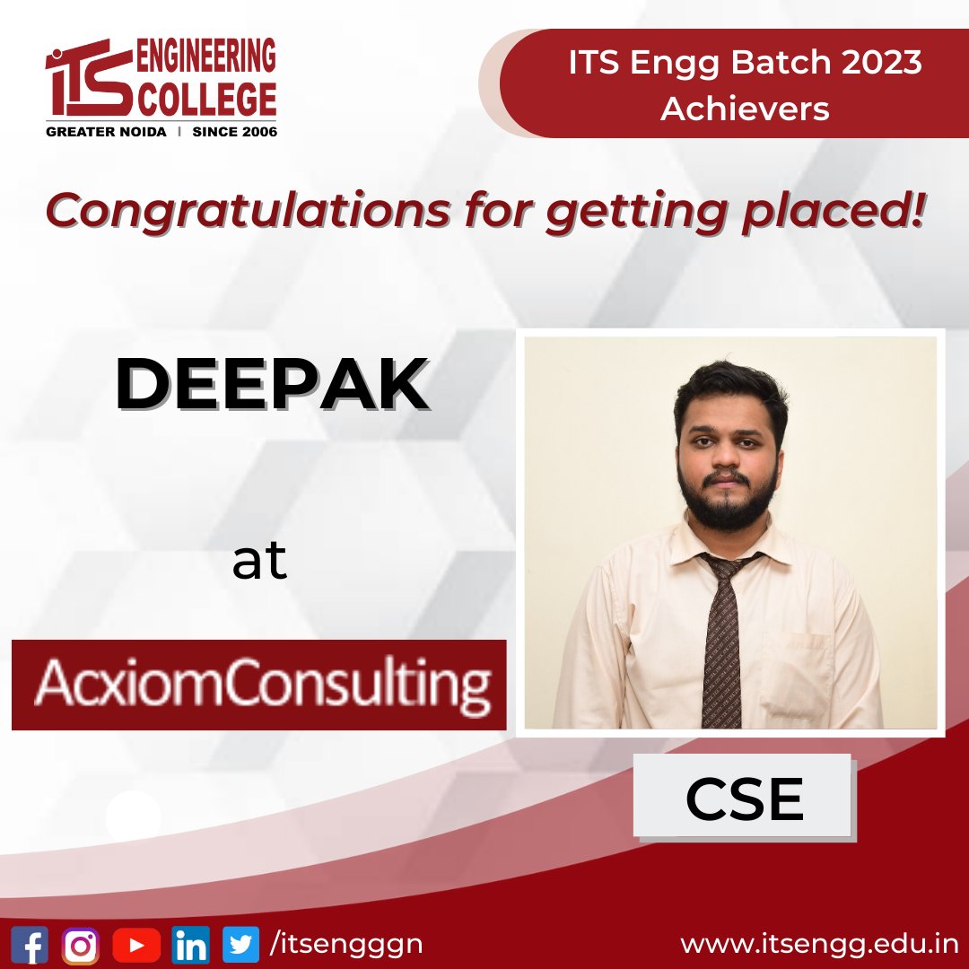 ITSEngggn's tweet photo. It is a pleasure to announce that 2 students of #BtechBatch2023- DEEPAK & YASH SHARMA have been successfully placed in Acxiom Consulting ITS Engineering College offers their heartiest congratulations for their achievement.
#CRC #placement #itsengg #jobPlacement #ItsEngineering https://t.co/mXf2Yy0Ow7