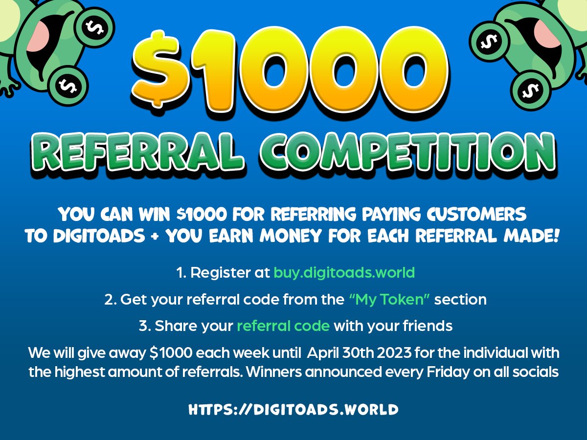 Digitoadsworld's tweet photo. Want to earn more with DigiToads? ๐ค
Join our referral competition and get a chance to win $1,000 every week! Spread the word and earn 5% of your referrals' initial token purchases ๐ธ๐ค
#referralcompetition #earnmore #cryptocurrency https://t.co/PyDfirKfCR