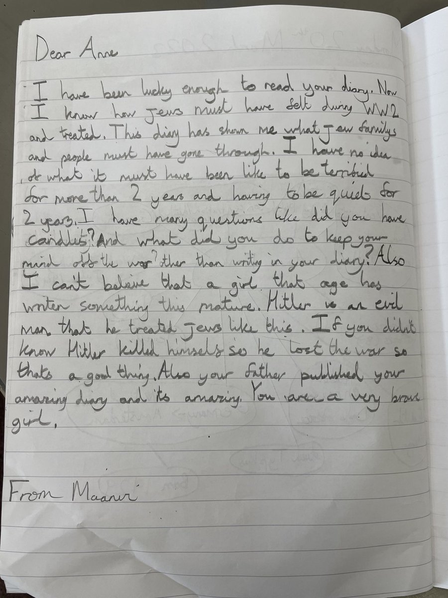 MelthamMoor's tweet photo. We have been learning about Anne Frank & the tragedies of the holocaust.We’ve discussed discrimination,tolerance,equality,the value & positives of diversity. #MMY6 had very mature & thoughtful conversations. We wrote letters to Anne with our thoughts & questions #MMY6 #MMHistory https://t.co/n38vQGnVUr