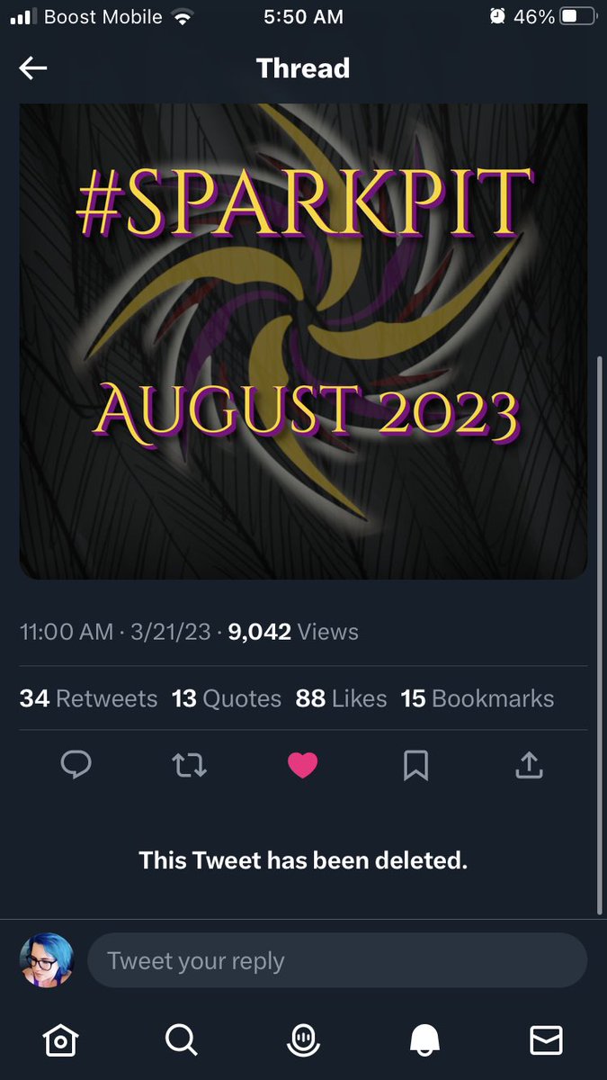 jhlmoon's tweet image. I&apos;ve been trying to respond to people&apos;s questions about #Sparkpit, but for some reason, Twitter insists the original post by SSP has been deleted. Apparently, it has not? Wtf?

I can&apos;t view anything on the original post anymore. It doesn&apos;t show up on SSP&apos;s TL for me, either 😑