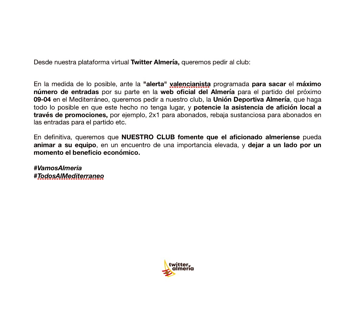 Miremos por el aficionado ❤️🤍

#AlmeriaValencia 

<a href="/U_D_Almeria/">UD Almería</a> <a href="/Cesar_Hernando_/">César Hernando</a> <a href="/Turki_alalshikh/">TURKI ALALSHIKH</a>