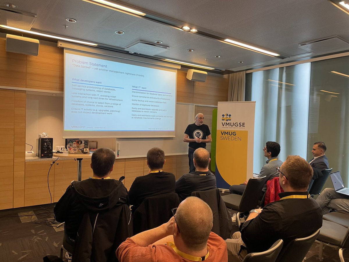 AllahyariSadaf's tweet photo. Who run the world? Data Management for VMware Tanzu! Our legend at VMware @CormacJHogan is rocking on the #vmug #Sweden stage! https://t.co/gHCm5KdOU1