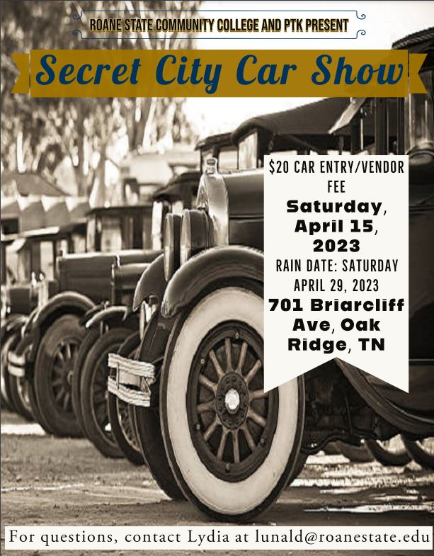 Plan to come on out! Several of the ORHS Middle College students are members of the PTK Honor Society hosting this car show! 
<a href="/ORSchools/">Oak Ridge Schools</a> <a href="/theoakridger/">The Oak Ridger</a> <a href="/OakRidgeToday/">OakRidgeToday</a>
<a href="/cityofoakridge/">City of Oak Ridge</a> <a href="/OakRidgeToday/">OakRidgeToday</a>
 @ORHSCounseling <a href="/DavidJFoust/">David Foust</a>
 <a href="/estepintime/">Beth Fisher Estep</a> <a href="/Orhs_stuco/">Oak Ridge Student Council</a> <a href="/jdodsonart/">Jim Dodson</a>
 <a href="/ORHS_Wildcats/">Oak Ridge HS</a>