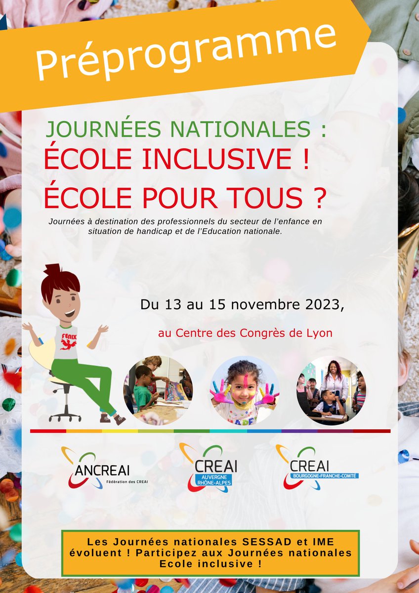 🔔 [OUVERTURE DES INSCRIPTIONS] 🔔 

La FEDERATION ANCREAI vous informe de l'ouverture des inscriptions pour les Journées Nationales : Ecole Inclusive ! Ecole pour tous ? prévues du 13 au 15 novembre 2023 à Lyon.

Inscrivez vous 👉 bitly.ws/BWk6