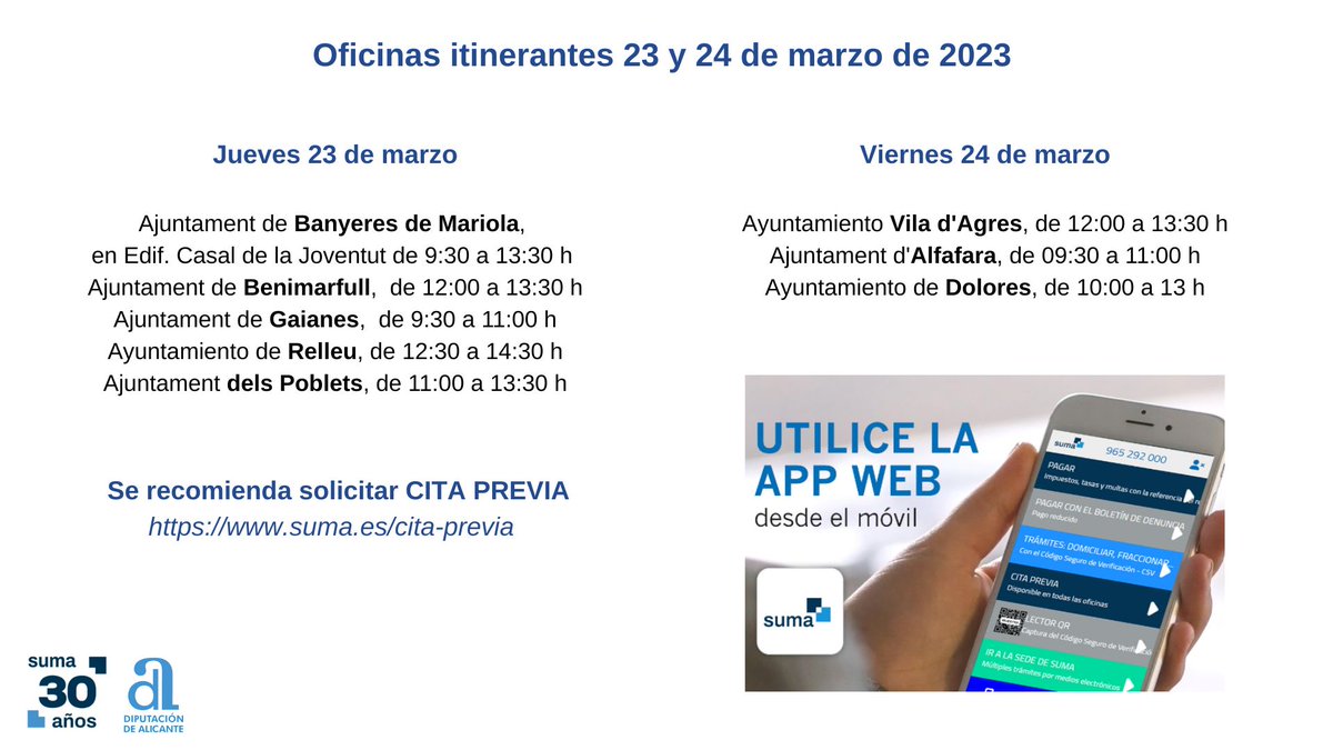SumaAlicante's tweet photo. ☑️ Continuamos reforzando nuestros servicios en zonas despobladas para hacer frente a la #desertificaciónfinanciera
☑️ Consulta las próximas #itinerancias https://t.co/JHZiepB97b
@Ajuntament_BdM
#Benimarfull
#Gaianes
#Relleu
#ElsPoblets
@AgresAjuntament
@AjuntAlfafara https://t.co/VFXDvnFCMI