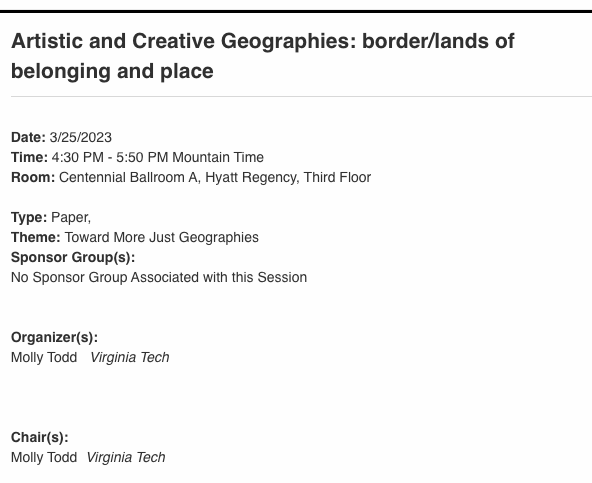 For all those in Denver for #AAG2023, we hope you'll join us on Saturday, for some insight from <a href="/Kevin_Bonnell/">Kevin Bonnell (He/Him)</a> and <a href="/J3ssicaTh0mpson/">Jessica Thompson</a>  about bringing creative methodologies into the discipline of geography.