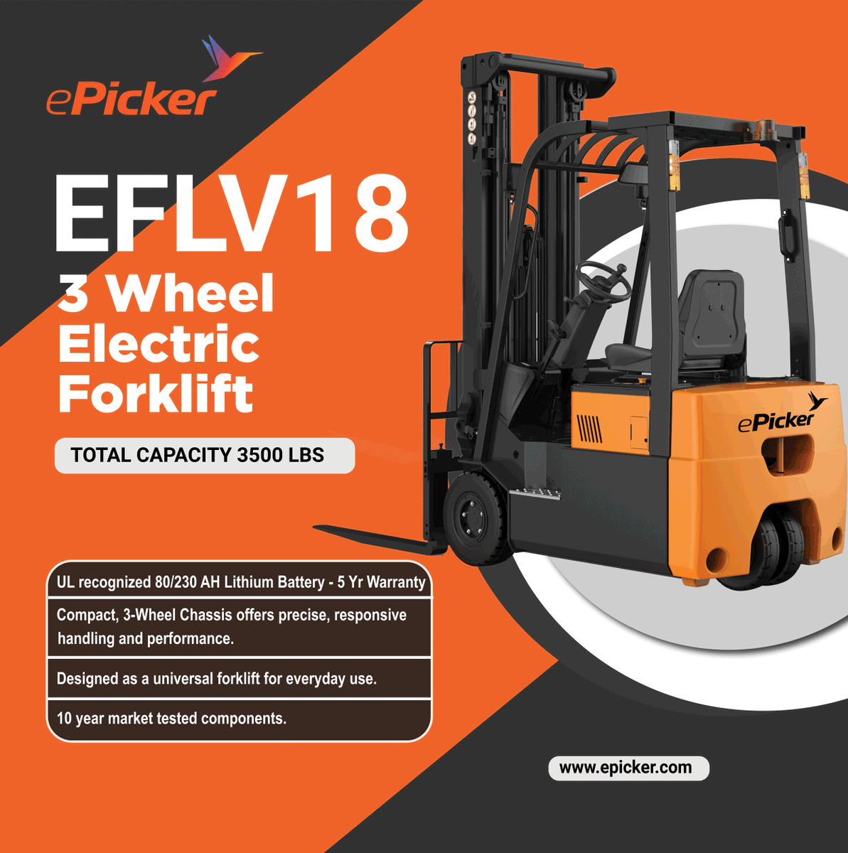 ePickerLifts's tweet photo. ePicker’s new line of forklifts include our 3,500 lb capacity EFLV18. Designed to be a universal forklift for daily operation, that features 10 year market tested components. 
Come see us at #promat2023 to learn more about this model. N6757. https://t.co/L5SJaA0AJn