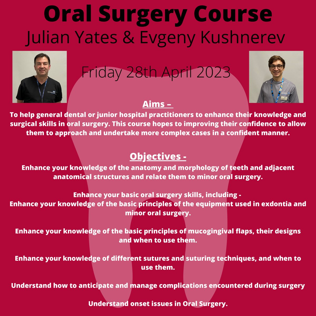 MANDEC_Centre's tweet photo. Oral Surgery Course
Friday 28th April 2023
FIND MORE INFORMATION ON: Please contact one of our conference organisers for more information on booking Telephone: 0161 275 6719 – 0161 275 6645 
Email: mandec@mft.nhs.uk https://t.co/ShYEvPSTTS