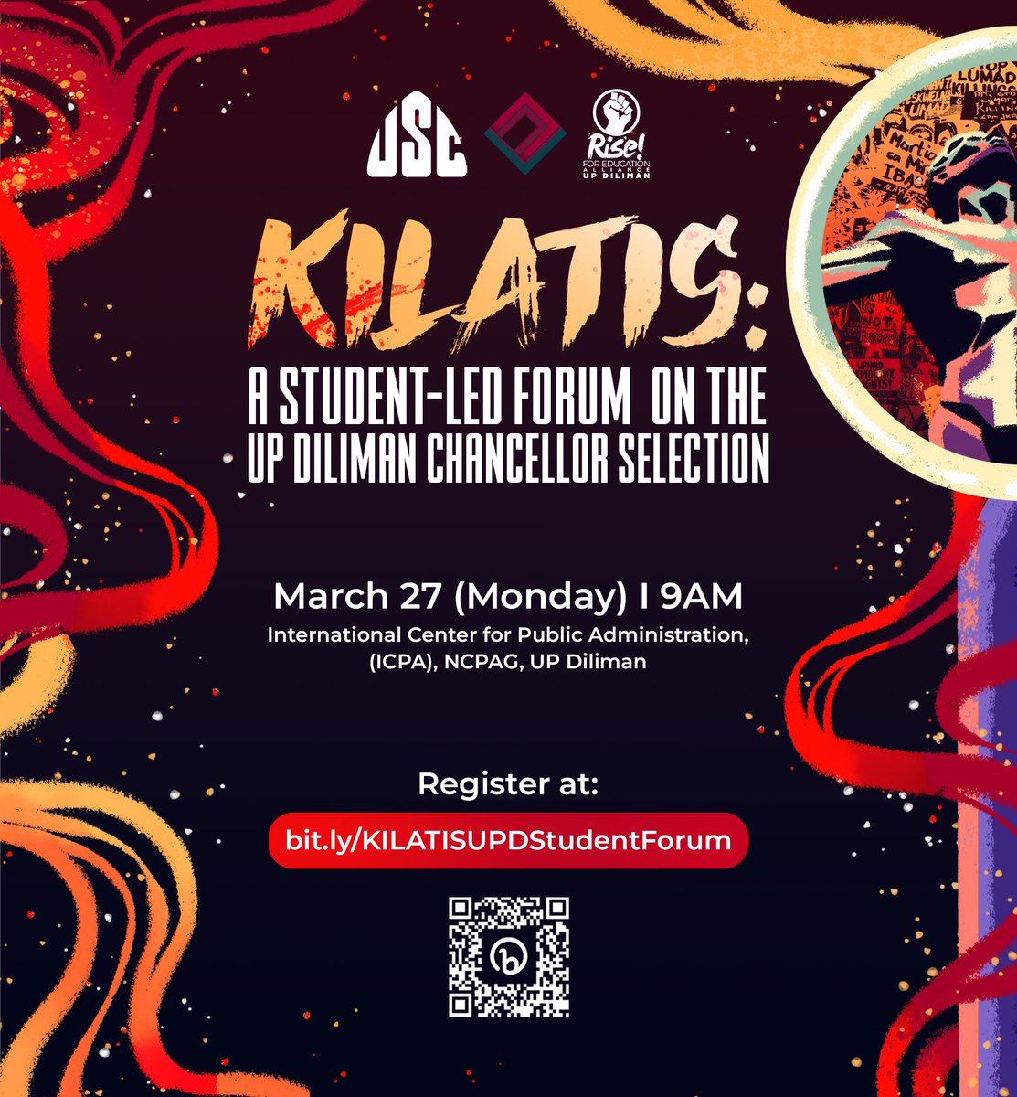 updlcc_'s tweet photo. #UPDChancy | KILATIS: Student-led Forum on UP Diliman Chancellor Selection

The LCC invites all Iskolar ng Bayan to KILATIS: A Student-led Forum on the UP Diliman Chancellor Selection. 

Register through this link:
https://t.co/OIt7trwGm4 https://t.co/4svPE0vL2Y