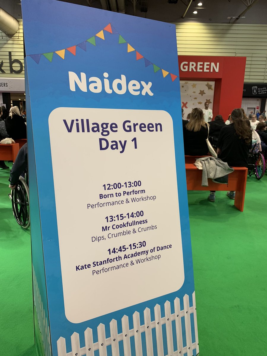 AccessAbleUK's tweet photo. What’s going on at the Village Green today? Born To Perform is on for another 30 minutes, @cookfulness at 1:15pm, & Kate Stanforth academy of dance at 2:45pm. #Naidex #AccessAbleIt https://t.co/cTMHUqGUnb