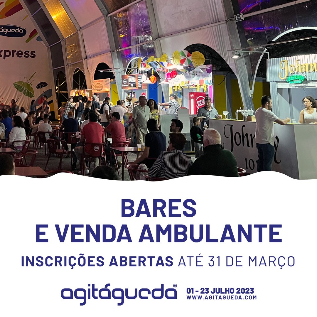 Inscrições para bares e vendedores ambulantes do Concelho de Águeda interessados em participar no AgitÁgueda 2023, abertas em agitagueda.com/inscricoes-bar… ou no Gabinete de Atendimento ao Munícipe (GAM). Até dia 31 de Março!