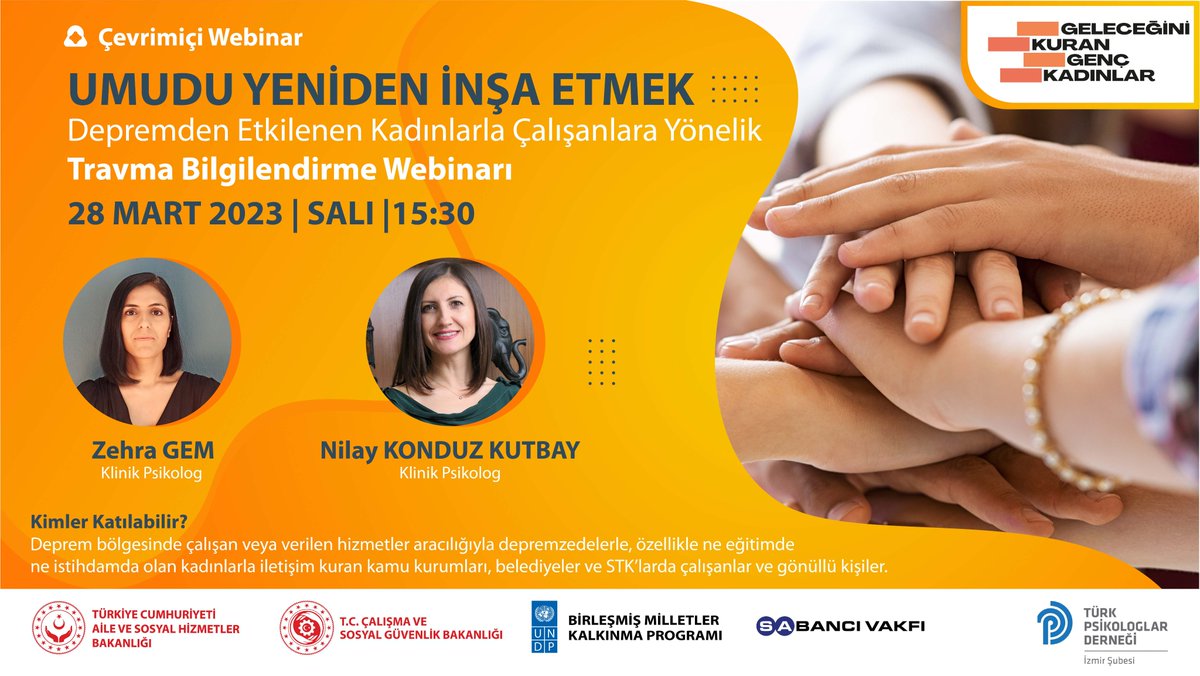 Depremin ardından #NEET kadınların durumu daha da kritikleşti. 

<a href="/SabanciVakfi/">Sabancı Vakfı</a> ile yürüttüğümüz Geleceğini Kuran Genç Kadınlar Projesi kapsamında kamu, belediye ve STK çalışanları ve gönüllüler için travma bilgilendirme webinarı düzenliyoruz.

📌bit.ly/3nau3cL