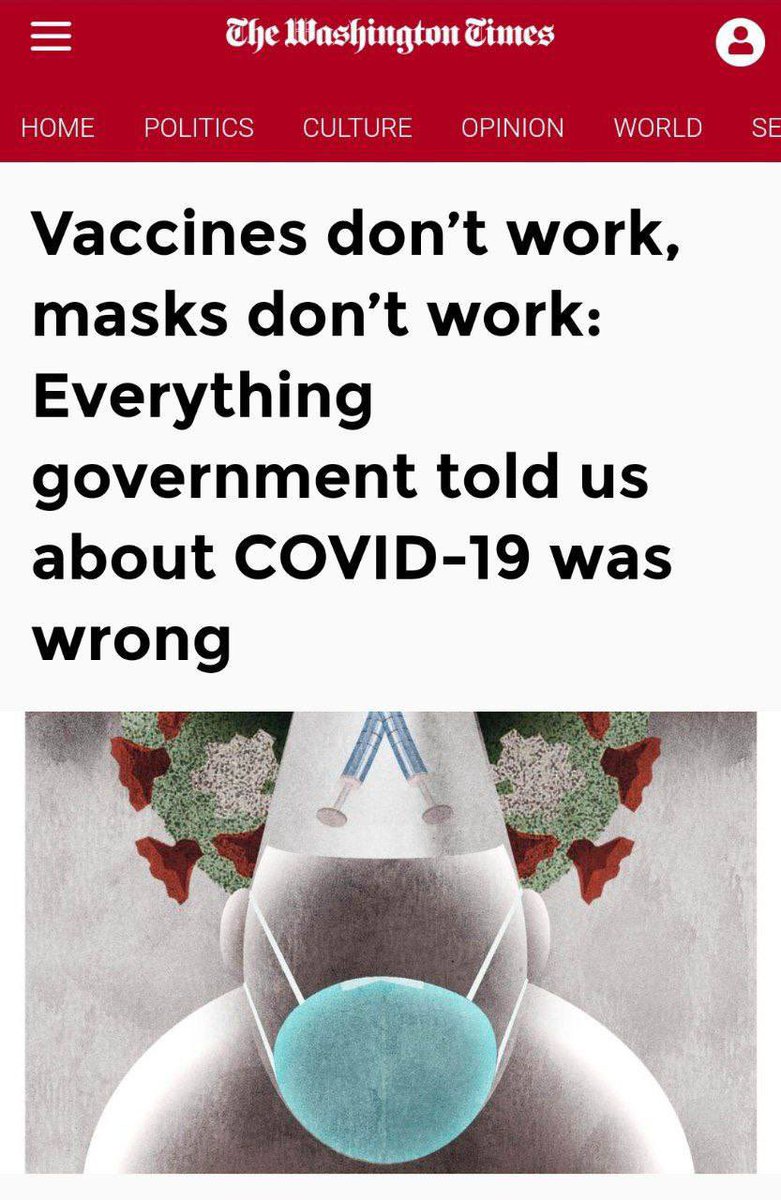 vegastarr's tweet photo. 🚨 The Washington Times:

"Vaccines don't work, masks don't work: everything the government told us about Covid-19 was wrong."

Few people believed three years ago that such headlines could be real, but here we are. 🤣🤣🤣 https://t.co/rVlbwlwc2S