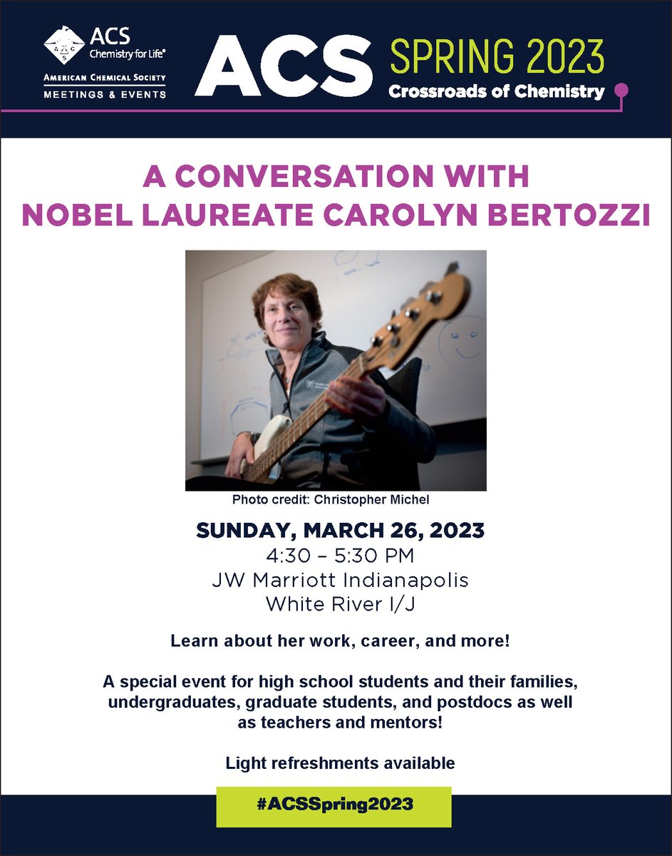 Angela_K_Wilson's tweet photo. A special event for high school, undergraduate, and graduate students and postdocs at the ACS Indy meeting - SUNDAY! Meet 2022 Nobel Laureate Carolyn Bertozzi. #Chemistry #ACSUndergrad #ACSstudents https://t.co/7HjCmur99Z