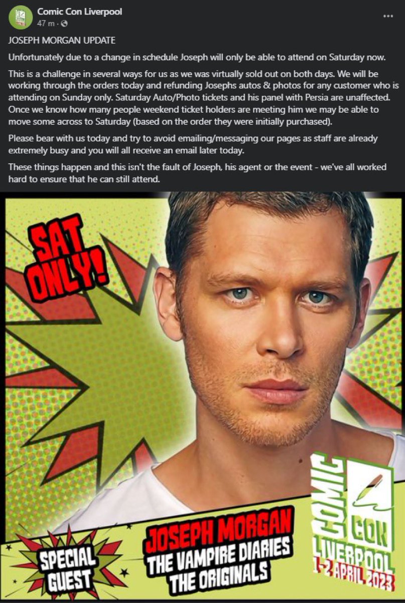 JosephMorgan's tweet photo. I’m gutted. But this is the way of filming schedules. I hope to see you on Saturday, I’m very much looking forward to it, especially the Morgan White Event. https://t.co/yjGsmpvW2V